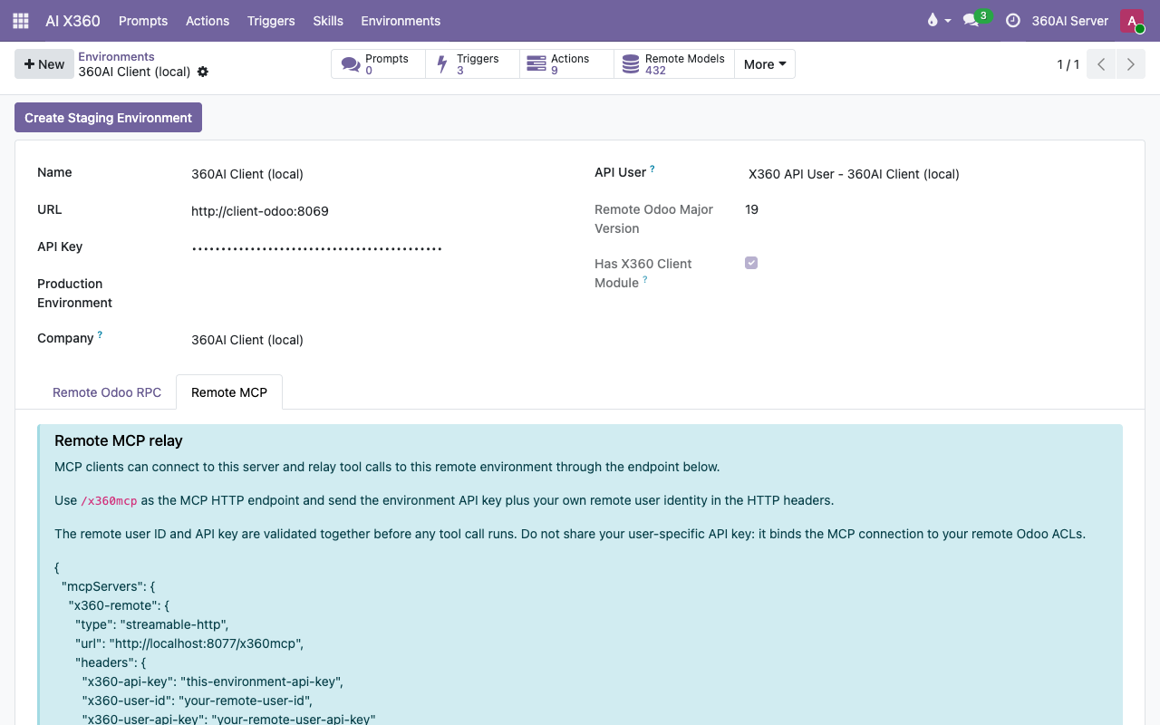Odoo backend: the Remote MCP tab on a connected x360 environment, showing the /x360mcp endpoint, header documentation and example configuration