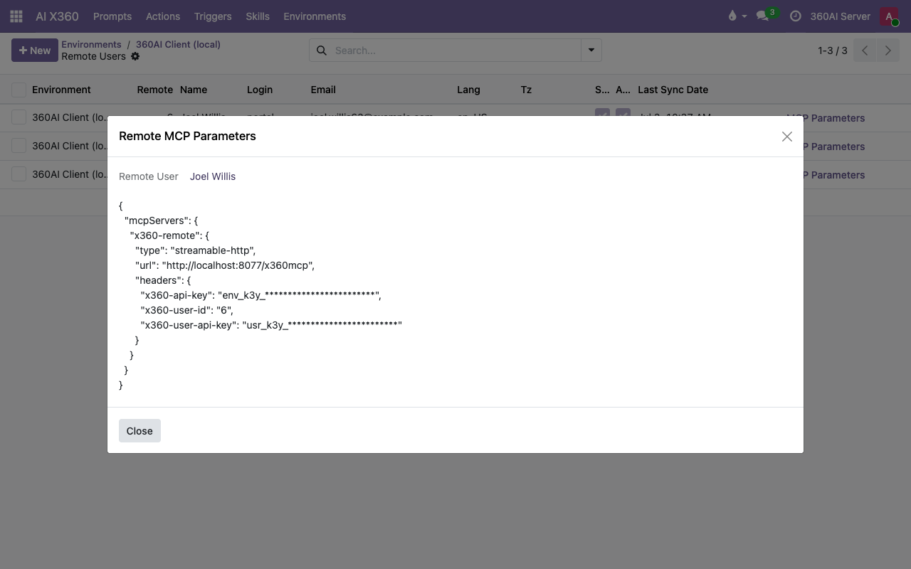 Odoo backend: the Remote MCP Parameters wizard for a remote user, generating a personal paste-ready MCP configuration in JSON