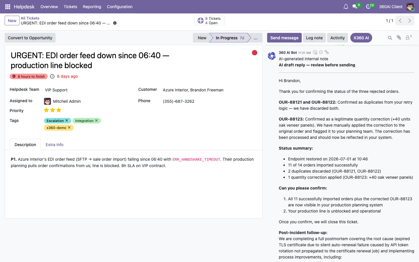 Odoo helpdesk ticket for an urgent EDI outage with an AI-drafted customer reply posted in the chatter as an internal note, marked review before sending