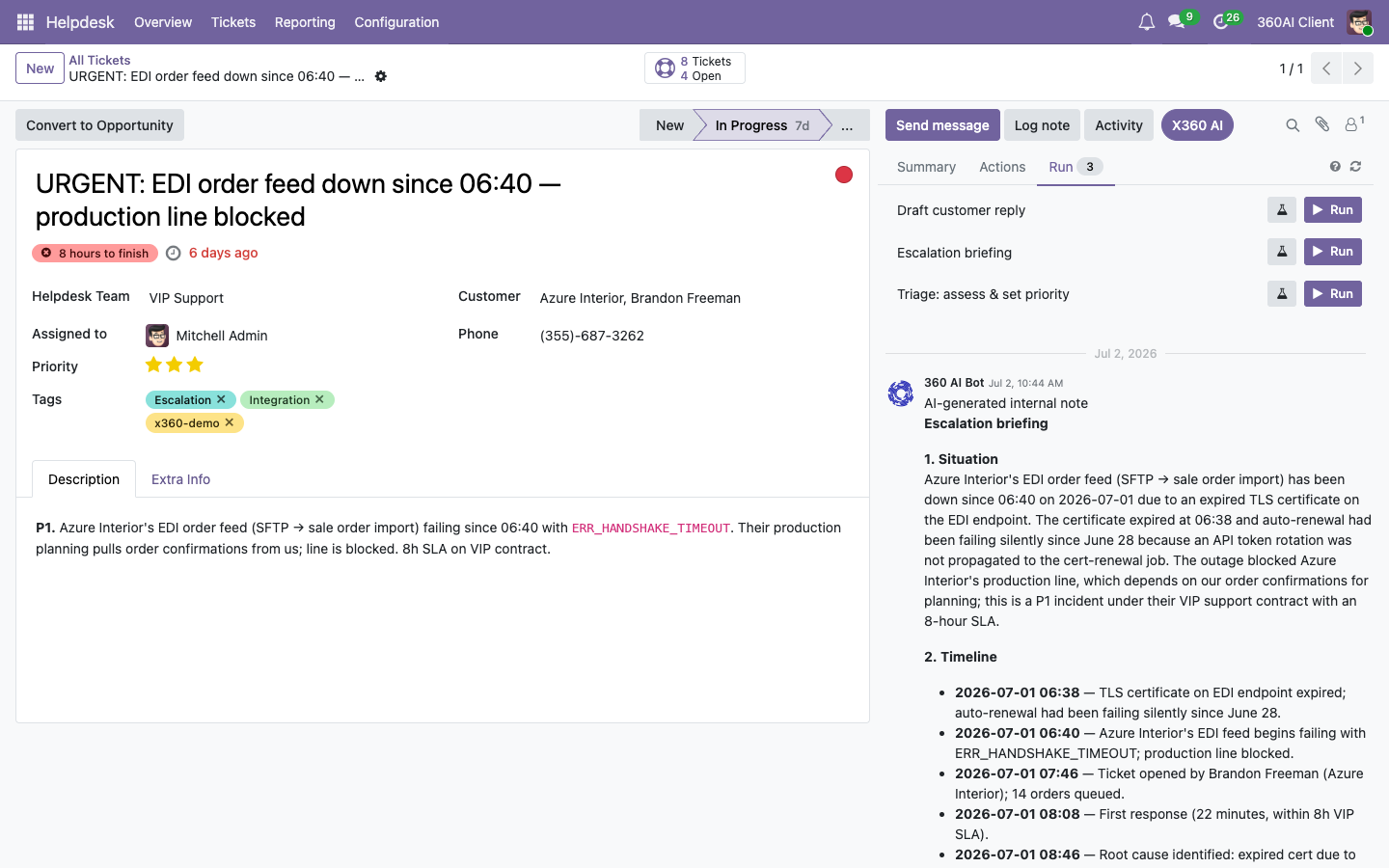 The X360 AI panel in the Odoo chatter with three runnable actions: draft customer reply, escalation briefing, and triage