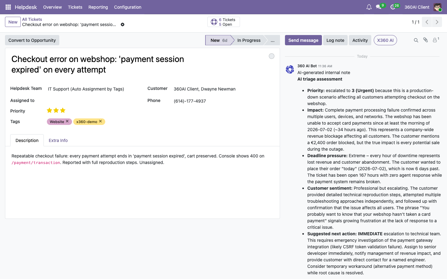 Odoo helpdesk ticket where the AI triage action escalated the priority to Urgent and posted its impact assessment in the chatter